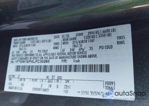 2020 Ford F-150 Xlt из США, поврежденный, VIN 1FTEW1EPXLFC30260